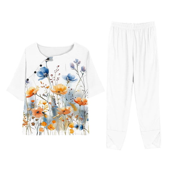 Cavosen Tee Shirts Womens 2 Piece Plus Size Oversized Short Sleeve Crewneck T Shirts Wide Leg Long Pants Floral Matching Sets