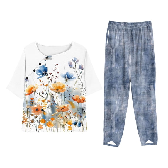 Cavosen Tee Shirts Womens 2 Piece Plus Size Oversized Short Sleeve Crewneck T Shirts Wide Leg Long Pants Floral Matching Sets