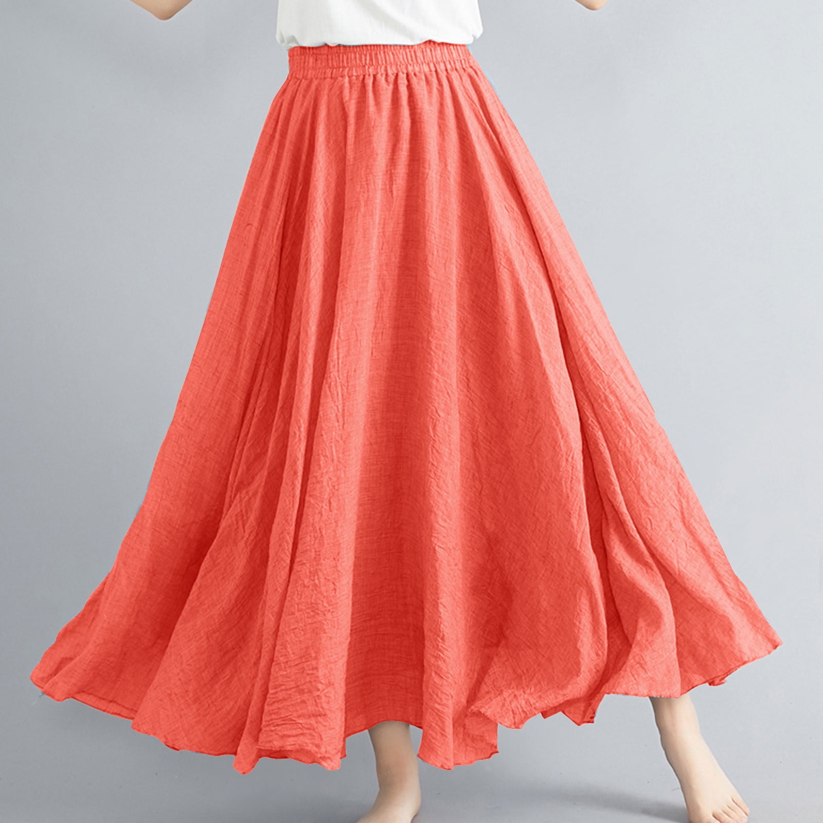 Cavosen Tennis Skirts for Women Long Maxi Ankle Length Skirts Linen Pleated Pencil Skirts Elastic Waist Plain Summer Skirts Oversized Dress Athletic Beachwear Resortwear Orange