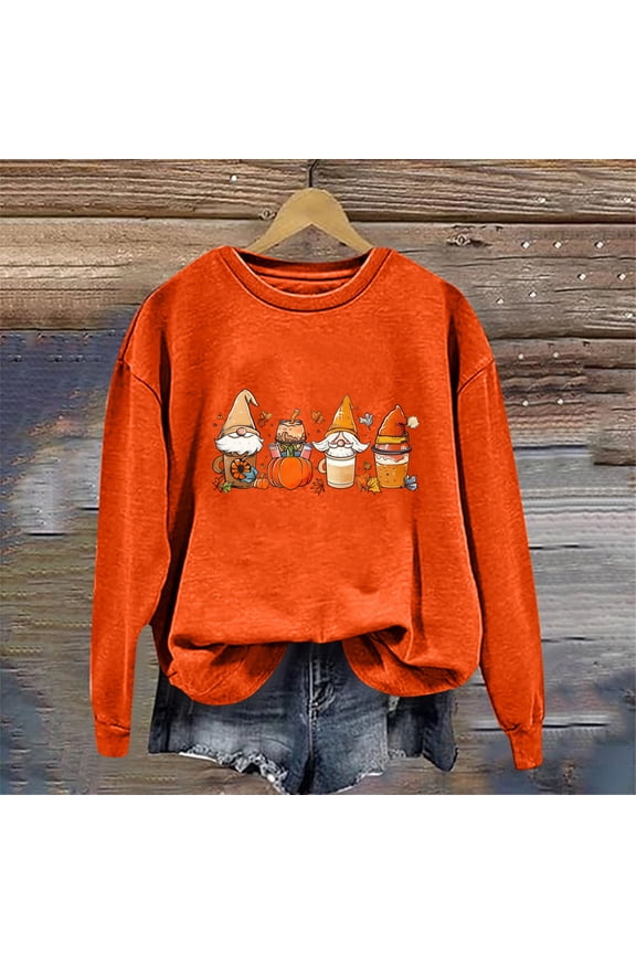 Thanksgiving Day Crewneck Sweatshirt for Women Cute Funny Happy Pumpkin Gnome Print Loose Orange Sweatshirts Long Sleeve Pullover Shirts Grateful Fall Winter Clothes