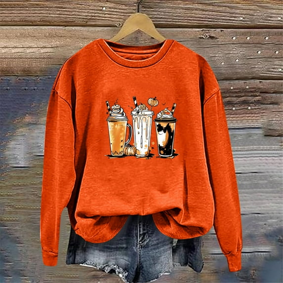 Cavosen Thanksgiving Day Long Sleeve Sweatshirts for Women No Hood Cute Funny Happy Pumpkin Print Loose Orange Sweatshirts Round Neck Pullover Shirts Festival Fall Clothes