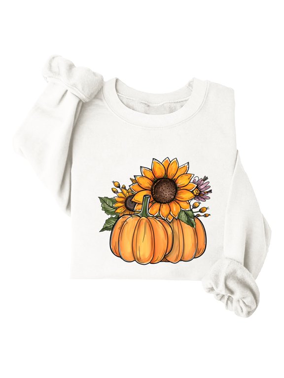 Thanksgiving Day Womens Sweatshirt Pullover Tunic Fleece Cute Funny Happy Pumpkin Sunflower Print Casual Orange Sweatshirts Long Sleeve Crewneck Pullover Tops Grateful