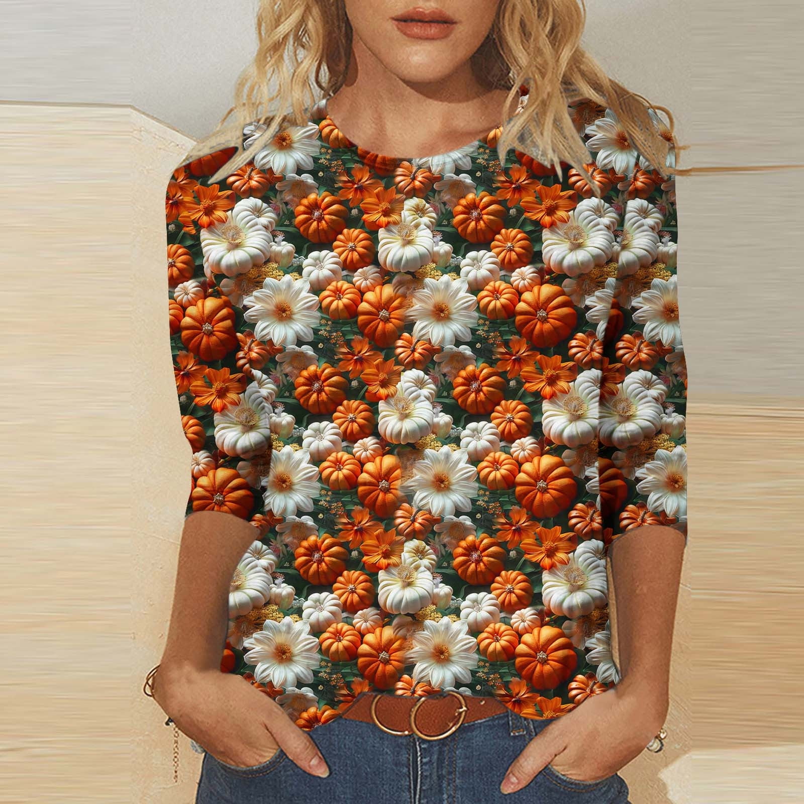 Cavosen Thanksgiving Halloween Womens Tops 3/4 Sleeve T Shirt Plus Size ...