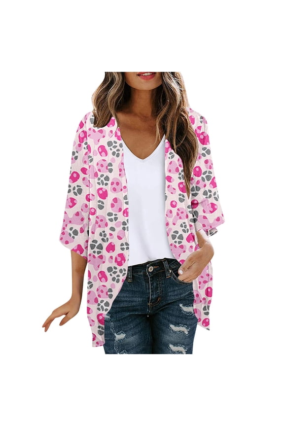 Thin Cardigan Trendy Lightweight Chiffon 3/4 Sleeve Open Front Cover Up Flowy Graphic Print Sun Protection Soft Tops