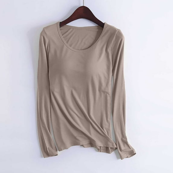 Cavosen Tops with Built in Bra for Women Padded Modal Cotton Solid Color Soft Blouse Long Sleeve Crewneck Pajama Tops Wirefree Shirts Basic Comfy Fall Winter Clothes Brown XL