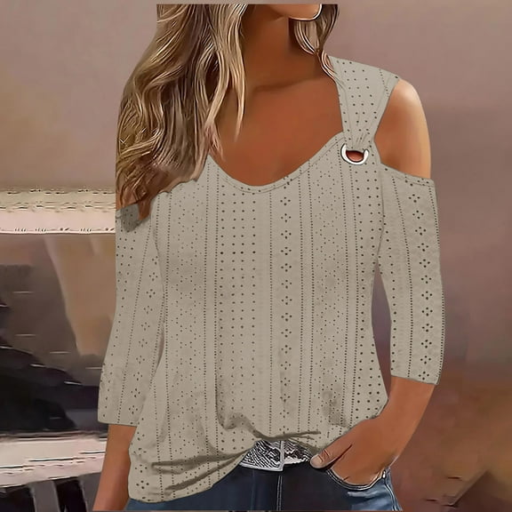 Cavosen Tops for Women 3/4 Sleeve Petite Cold Shoulder Pullover Shirts V-Neck Comfort Plain Blouse Dressy Flowy Loose Fit Tees Eyelet Ring Tops Stylish Resortwear Fall Brown M