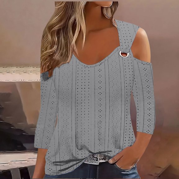 Cavosen Tops for Women 3/4 Sleeve Petite Cold Shoulder Pullover Tops V-Neck Casual Solid Color Shirts Dressy Flowy Loose Fit Blouse Eyelet Ring Tees Fashion Autumn Gray S
