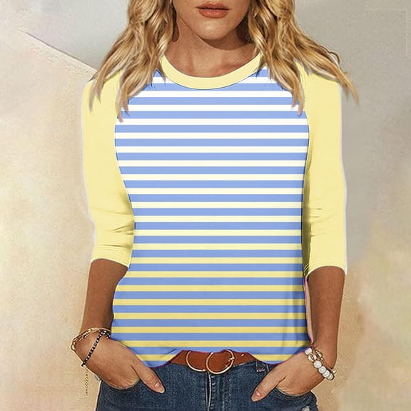 Cavosen Tops for Women 3/4 Sleeve Petite Pullover Tees Crewneck Comfort Striped Gradient Tops Dressy Flowy Loose Fit Shirts Basic Color Block Patchwork Blouse Novelty Yellow 2XL