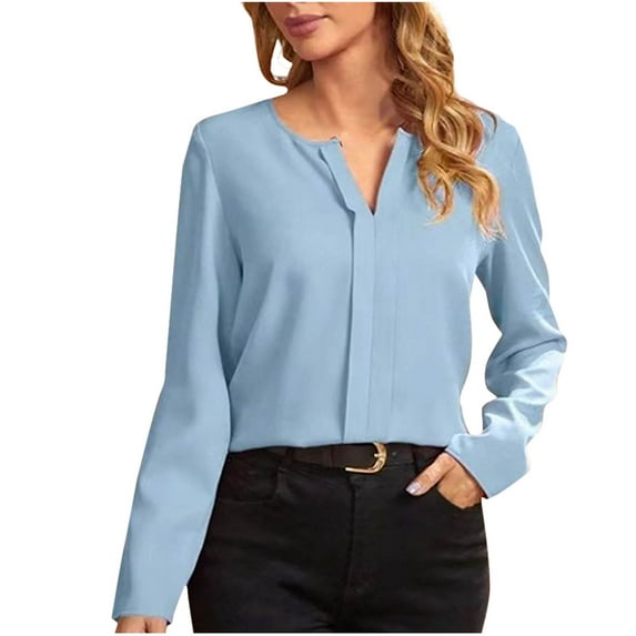 Cavosen Tops for Women Long Sleeve Satin Pullover T-Shirts V Neck Solid Soft Tops Elegant Vacation Shirts Baggy Fashion Loose Blouse Going out Beach Tees Summer Clothes Blue S