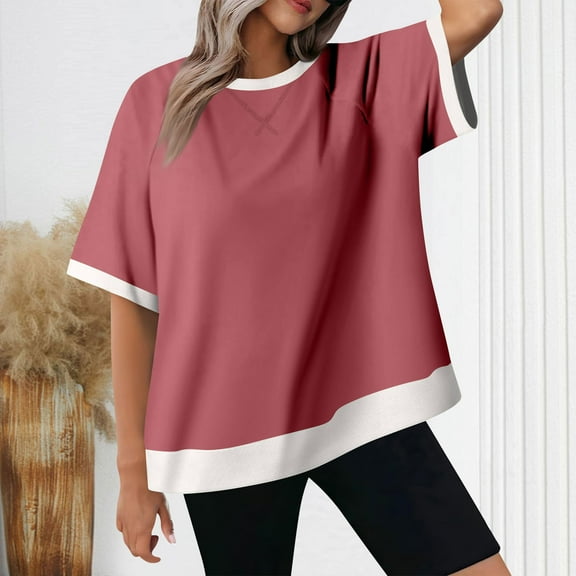 Cavosen Tops for Women Short Sleeve Pullover Blouse Crewneck Solid Soft Shirts Leisure Holiday T-Shirts Baggy Stylish Dressy Tops Going out Beach Tees Summer Clothes Red XL