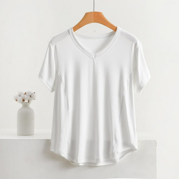 Cavosen Tops for Women Short Sleeve Summer Thin Basic Pajamas Dressy T Shirts Pullover Tunic V Neck Casual Loose Blouse Solid Fashion Shirts Resort Vacation Tees White XL