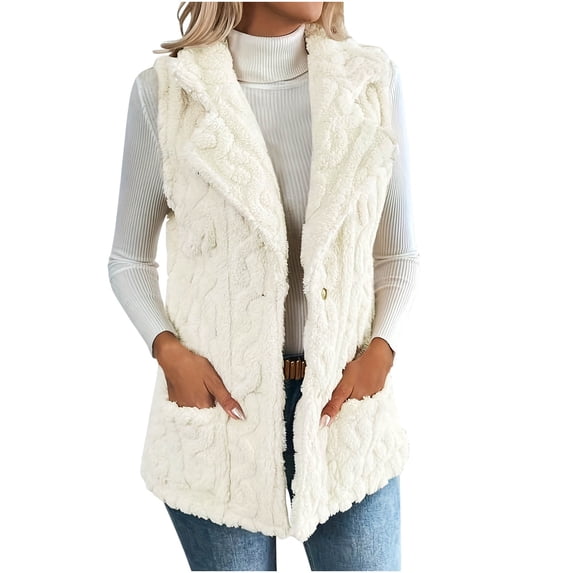 Cavosen Travel Vest Lapel Sleeveless Fleece Vest with Pocket Zipper Hooded Solid Loose Jacket Windproof Warm Casual Outerwear