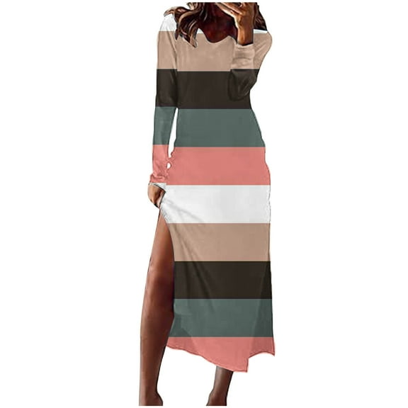 Cavosen Trendy Dresses for Women Black Long Sleeve Maxi Dress High Side Slit V-Neck Calf Length Long Dress Striped Casual Trendy Dress Party Vacation Fall Winter Clothes S