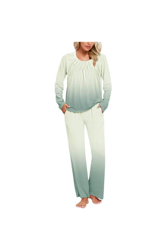 Two Piece Lounge Set for Women with Pocket 2 Piece Pajamas Sets Long Pants Long Sleeve Tops Sleepwear Pleated Gradient Nightwear Casual Homewear Fall Winter Clothes