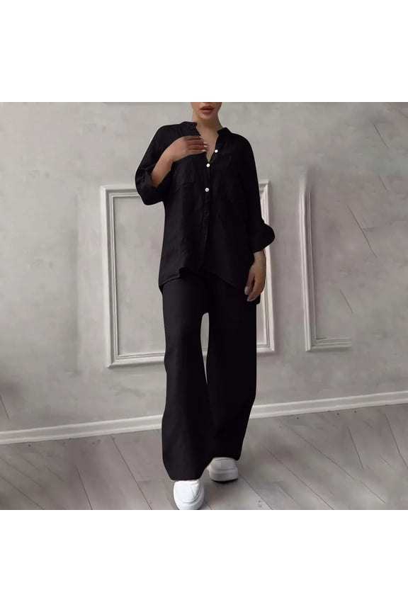 Two Piece Lounge Set for Women Travel Sweatsuit Outfits Cotton Linen Long Sleeve Retro Shirts Long Wide Leg Pants Tracksuit Sets Drawstring Button Down Solid Loungewear