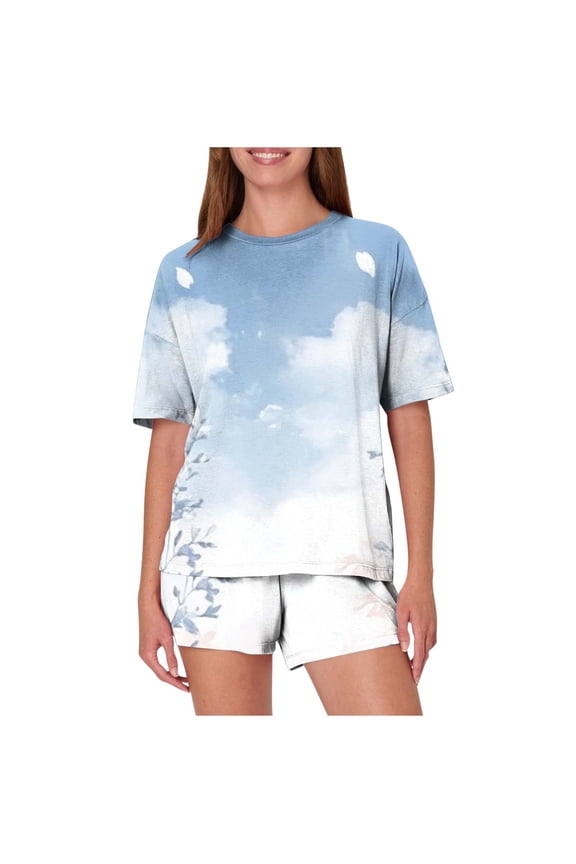 Two Piece Sets for Women Going out Crew Neck Short Sleeve Top Elastic Waist Short Pants Gradient Lightweight Summer Vacation Sweatsuit