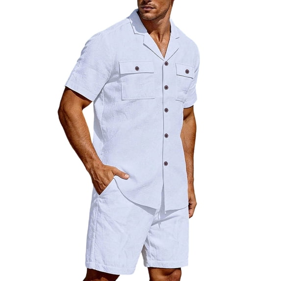 Cavosen Two Piece Suits for Men 2PC Big and Tall Short Sleeve Lapel Button Shirt Shorts Solid Lightweight Matching Sets