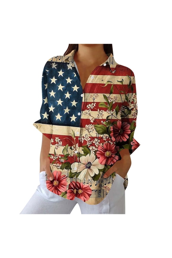 USA 4th of July Shirts for WoWomen Long Sleeve Lapel Independence Day Patriotic Tee 250 Years Red White and Blue Button Down Graphic Shirt Summer Tops