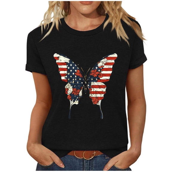 Cavosen USA Flag Shirts for Women Petite 4th of July Short Sleeve Round Neck Shirts USA Star Striped Print Shirts Lady XL Red White and Blue Casual Tops Patriotic Tunic Tees 2025 Patriotic Blouses