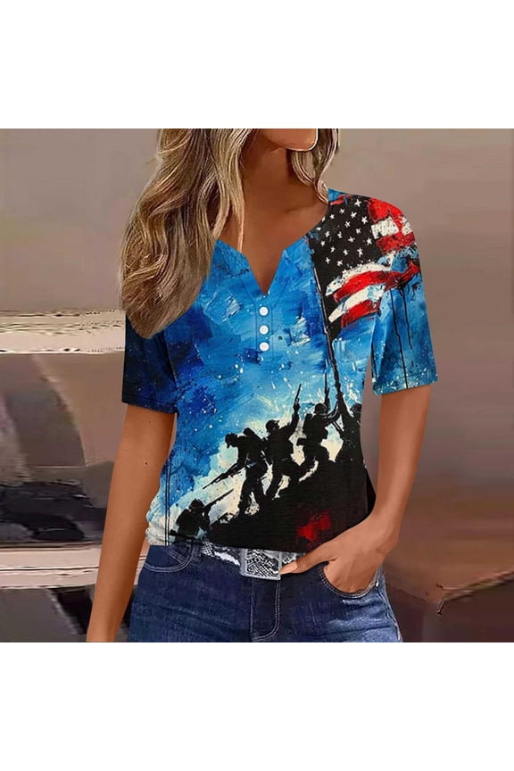 USA Flag Shirts for Women Petite 4th of July Short Sleeve V Neck Tops USA Star Striped Print T Shirts Lady S Red White and Blue Casual Tops Funny Patriotic Tunic Tees 2025 Patriotic Clothes
