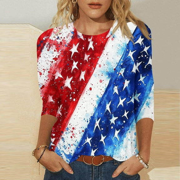 Cavosen USA Flag Shirts for Women Petite Independence Day 3/4 Sleeve Round Neck T Shirts USA Flag Graphic Tops Lady XL 4th of July Casual T Shirts Red White and Blue Tunic Tees Patriotic Blouses