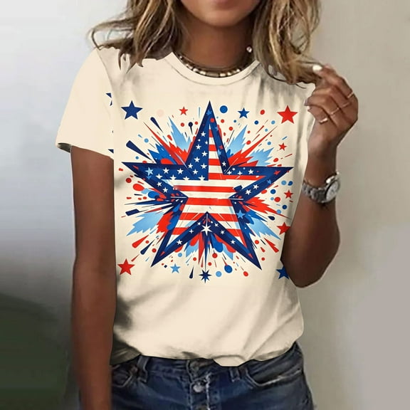 Cavosen USA Flag Shirts for Women Petite Independence Day Short Sleeve Crewneck Shirts American Flag Graphic Tops Lady L 4th of July Casual T Shirts Red White and Blue Tunic Tees Patriotic Outfits