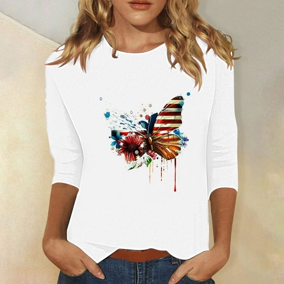 Cavosen USA Flag Shirts for Women Petite Patriotic 3/4 Sleeve Crew Neck Tops American Flag Print T Shirts Lady XL Independence Day Casual Tops Funny 4th of July Tunic Tees 2025 Patriotic Clothes
