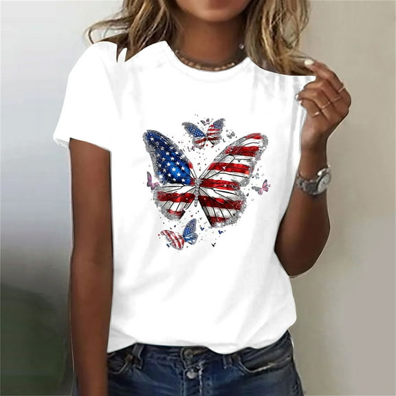 Cavosen USA Flag Shirts for Women Petite Red White and Blue Short Sleeve Round Neck T Shirts USA Star Striped Graphic Tops Lady XL Patriotic Casual T Shirts Independence Day Tunic Tees