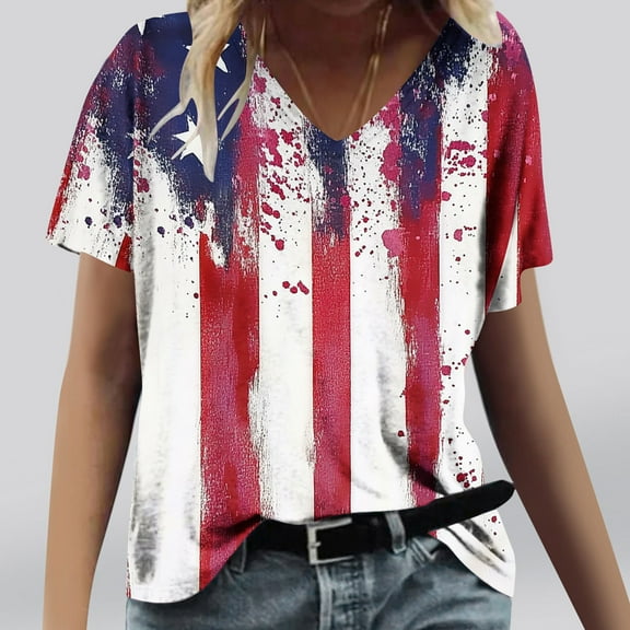 Cavosen USA Flag Shirts for Women Petite Red White and Blue Short Sleeve V Neck T Shirts USA Star Striped Graphic Shirts Lady XL Patriotic Casual Shirts Independence Day Tunic Tees Patriotic Clothes
