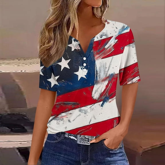 Cavosen USA Flag Shirts for Women Petite Red White and Blue Short Sleeve V Neck T Shirts USA Star Striped Graphic Tops Lady XL Patriotic Casual T Shirts Independence Day Tunic Tees Patriotic Blouses