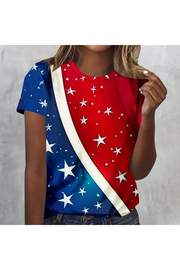 USA Flag Shirts for Women Plus Size 4th of July Short Sleeve Round Neck Tops American Flag Print T Shirts Lady 2X Red White and Blue Casual Tops Patriotic Tunic Tees 2025 Patriotic Clothes