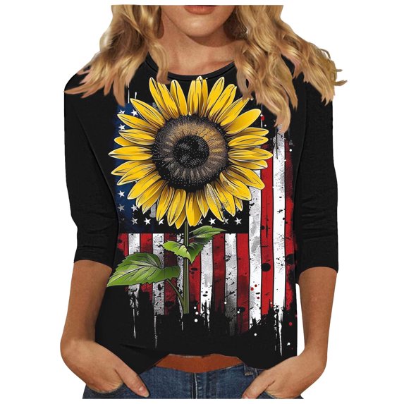 Cavosen USA Shirt 3/4 Sleeve Crew Neck Dressy Patriotic Tee 250 Years Red White and Blue Graphic Shirt Summer Basic Tops
