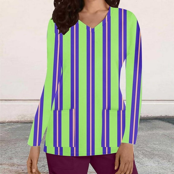 Cavosen Underscrub Long Sleeve Women Green V Neck Scrub Tops Stretchy Soft Xmas Striped Wrap Underscrub with Pocket Breathable Nursing Uniform Anti-Wrinkle Scrub Shirts Tee Tunic S