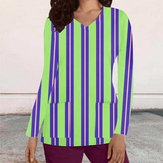 Cavosen Underscrub Long Sleeve Women Green V Neck Scrub Tops Stretchy Soft Xmas Striped Wrap Underscrub with Pocket Breathable Nursing Uniform Anti-Wrinkle Scrub Shirts Tee Tunic S