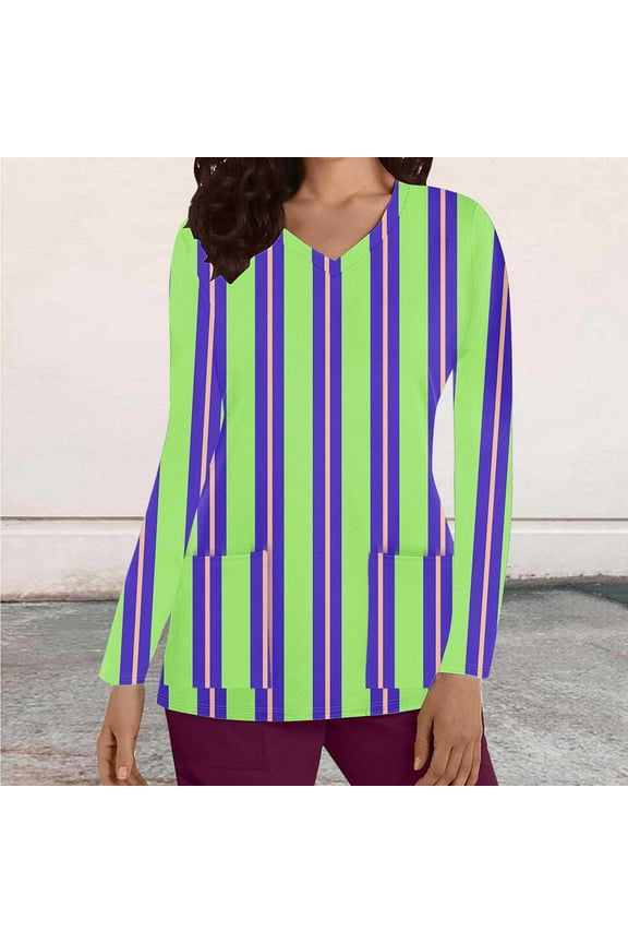 Underscrub Long Sleeve Women Green V Neck Scrub Tops Stretchy Soft Xmas Striped Wrap Underscrub with Pocket Breathable Nursing Uniform Anti-Wrinkle Scrub Shirts Tee Tunic S