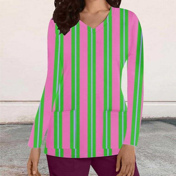Cavosen Underscrub Long Sleeve Women Pink V Neck Underscrub Stretchy Soft Xmas Striped Wrap Scrub Tops with Pocket Comfortable Nursing Uniform Anti-Wrinkle Scrub Shirts Tee Tunic XL