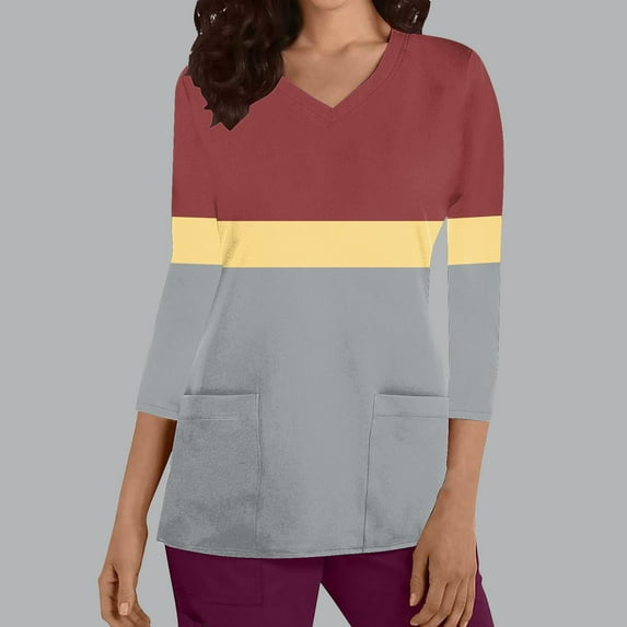 Cavosen Underscrub Shirts for Women Red Plus Size 3/4 Sleeve V Neck Underscrub Stretchy Soft Xmas Color Block Wrap Scrub Shirts with Pocket Lightweight Workwear Scrub Tops 3XL