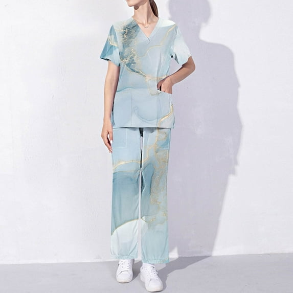 Cavosen Uniform Nursing Women Scrubs Set 2 Piece Outfit with Pocket Stretch Soft Workwear Short Sleeve V-Neck Long Pants Nurse Uniform Floral Print Loungewear Lightweight 2XL