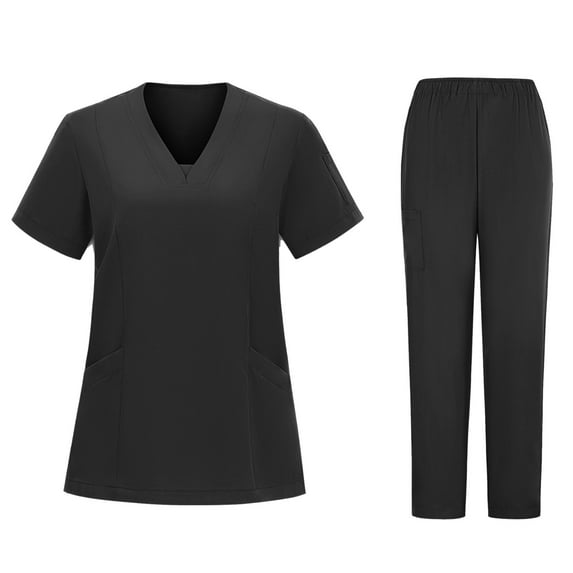 Cavosen Uniform Nursing Women Scrubs Set Black 2 Piece Outfit with Pocket Stretch Soft Workwear Short Sleeve V-Neck Long Pants Nurse Uniform Solid Loungewear Comfortable M