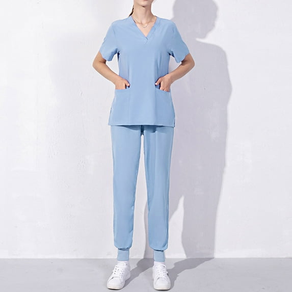 Cavosen Uniform Nursing Women Scrubs Set Plus Size Blue 2 Piece Outfit with Pocket Stretch Workwear Short Sleeve V-Neck Long Pants Jogger Pants Nurse Uniform Solid Loungewear 5XL