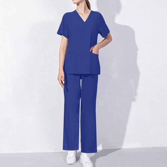 Cavosen Uniform Scrub Sets for Women Blue 2 Piece Outfit with Pocket Stretch Soft Workwear Short Sleeve V-Neck Long Pants Nurse Uniform Solid Yoga Loungewear Breathable XL