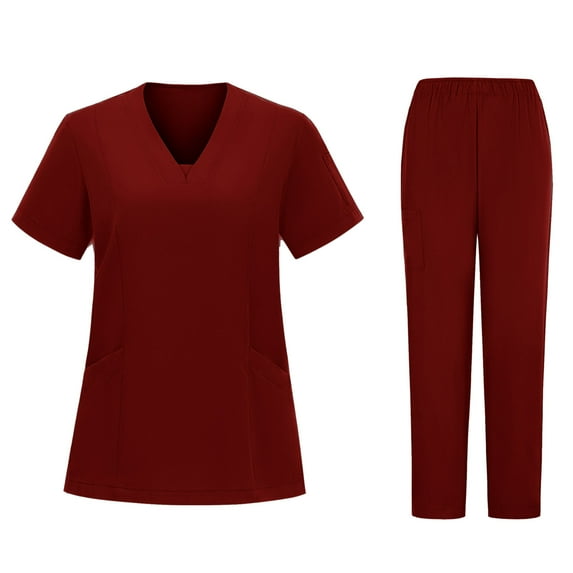 Cavosen Uniform Scrub Sets for Women Red 2 Piece Outfit with Pocket Stretch Soft Workwear Short Sleeve V-Neck Long Pants Nurse Uniform Solid Yoga Loungewear Comfortable L