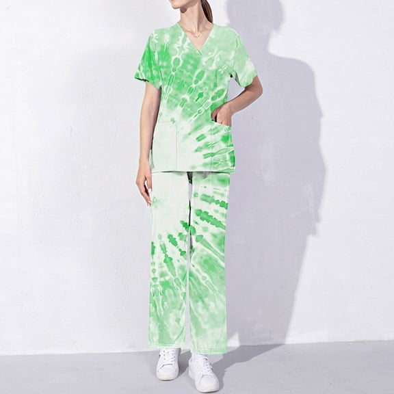 Cavosen Uniform Scrubs Sets Women 2 Piece Outfit with Pocket Stretch Soft Nurse Uniform Short Sleeve V-Neck Long Pants Workwear Floral Print Yoga Loungewear Comfortable 2XL