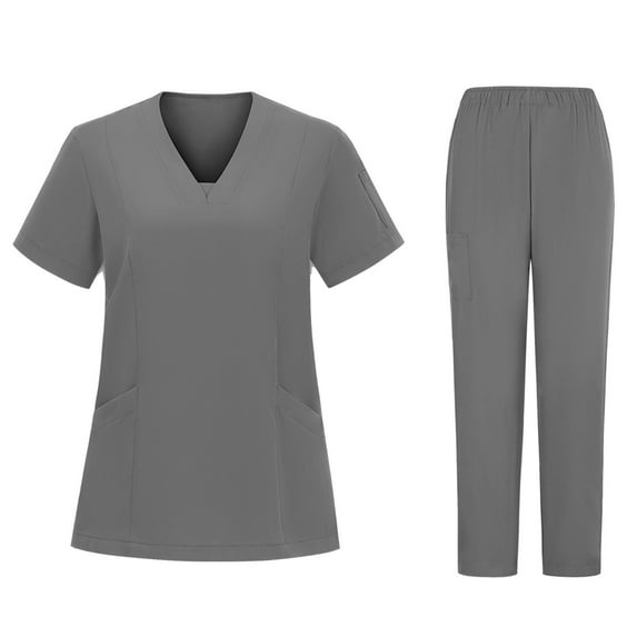 Cavosen Uniform Scrubs Sets Women Gray 2 Piece Outfit with Pocket Stretch Soft Workwear Short Sleeve V-Neck Long Pants Nurse Uniform Solid Yoga Loungewear Lightweight Travel M