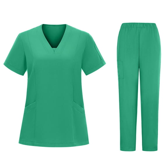 Cavosen Uniform Scrubs Sets Women Green 2 Piece Outfit with Pocket Stretch Soft Workwear Short Sleeve V-Neck Long Pants Nurse Uniform Solid Yoga Loungewear Lightweight Travel S