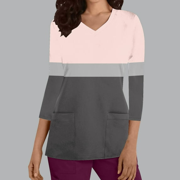 Cavosen Uniform Scrubs Tops Women Pink 3/4 Sleeve V Neck Scrub Tops Stretchy Soft Xmas Color Block Wrap Scrub Shirts with Pocket Breathable Workwear Underscrub Tee Tunic L