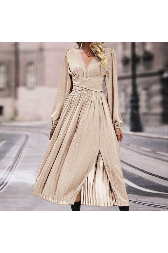 V Neck Dresses for Women Beige Long Sleeve Maxi Dress Empire Waist Ankle Length Long Dress Solid Side Split Pleated Casual Trendy Dress Vacation Fall Winter Clothes S