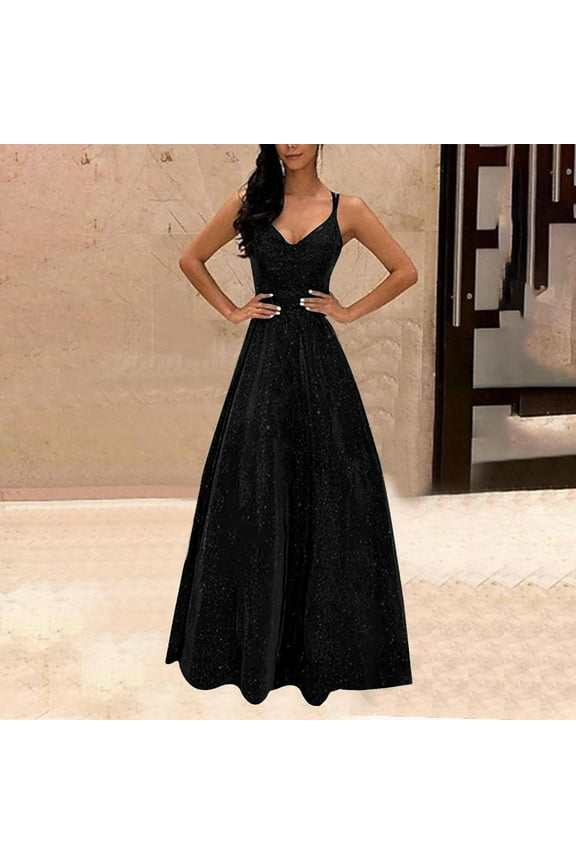 V Neck Dresses for Women Maxi Black Elegant Spaghetti Strap Sleeveless Long Dress Party Dress Floor Length Dress Flowy Bodycon Wrap Wedding Guest Dress Evening Prom
