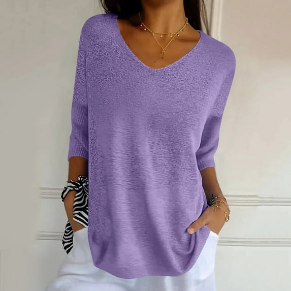 Cavosen V-Neck T-Shirts for Women Summer V-Neck Half Sleeve Blouses Tunic Pullover Knitted Curved Hem T Shirt Solid Color Tops Plus Size Shirts Stylish Loose Tees Purple 3XL