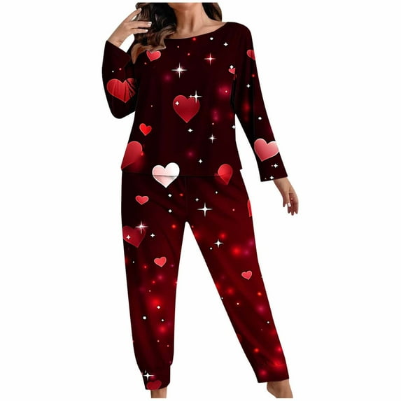 Cavosen Valentine's Day Breathable Pajamas for Women Set Long Sleeve Cute Shirt Straight Leg Pants Heart Printed Lightweight Comfy Nightwear Black 5XL